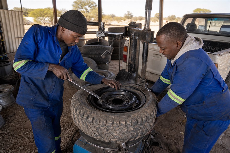 Technicians fitting an all-terrain tyre in an open workshop